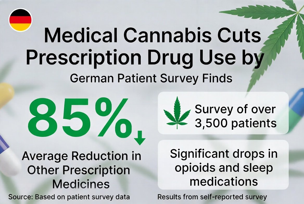 "Medical cannabis cuts prescription drug use by 85%, German patient survey finds"

"A survey of over 3,500 patients reported an average 85 per cent  reduction in the use of other prescription medicines after starting  medical cannabis, with large drops in the use of opioids and
