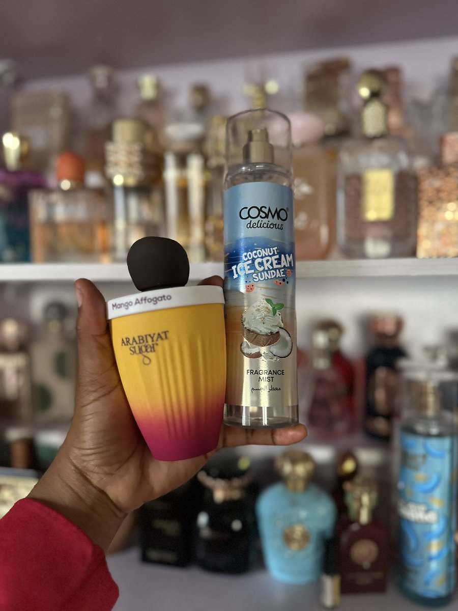 SOTD 
The first Arabiyat sugar collection perfume I liked on first sniff 
Mango Affogato x Cosmo coconut sundae body mist (equally obsessed with this one too)🤭