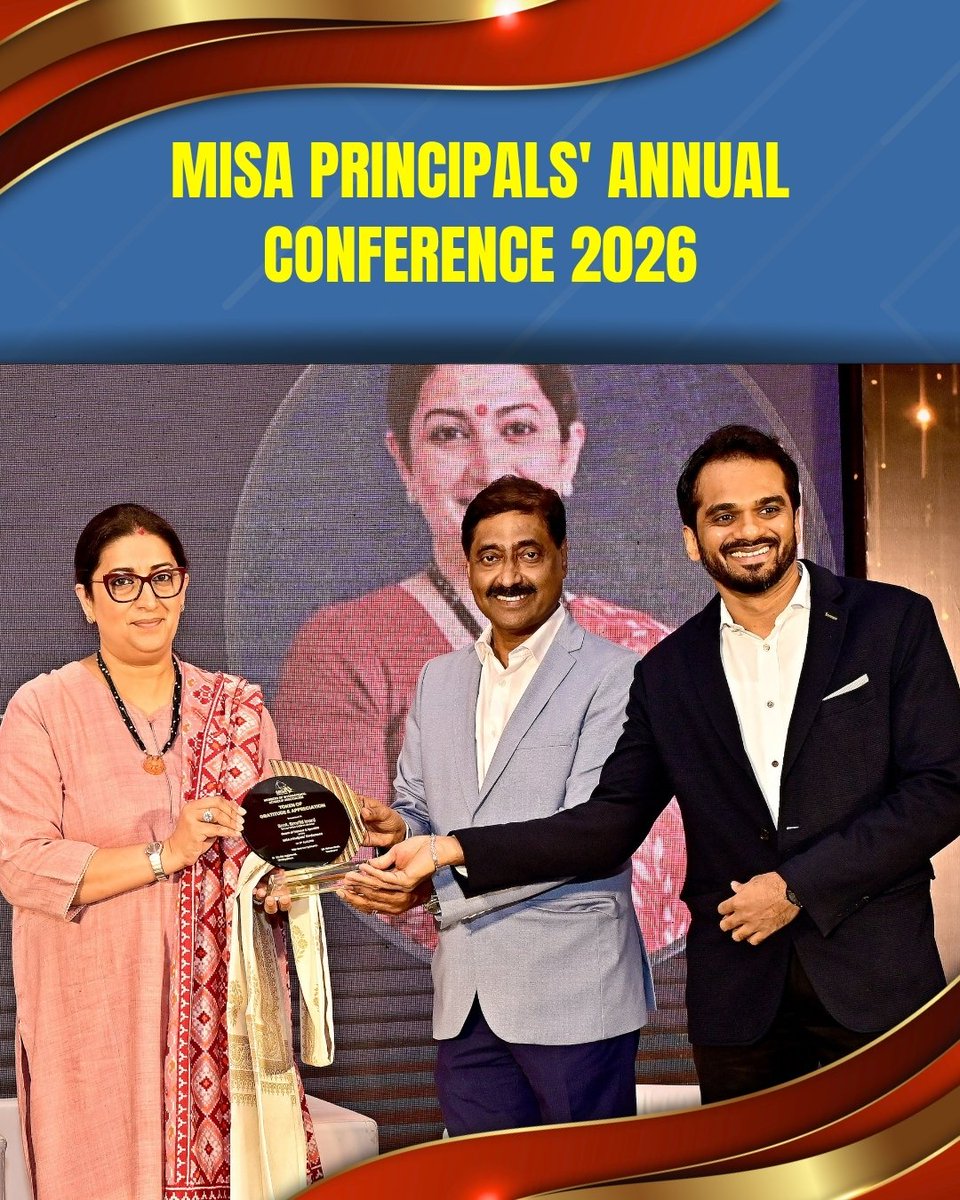 Panbai_PBIS's tweet photo. Hon’ble Chief Guest Smt. @smritiirani attended the MISA Principal’s Annual Conference 2026 at The Club Juhu. She was felicitated by the Treasurer, Mr. Rohan Bhat &amp; Co-Treasurer Mr. Varun Shetty for her contributions to education.

#MISA #education https://t.co/rcJ97fxVG6