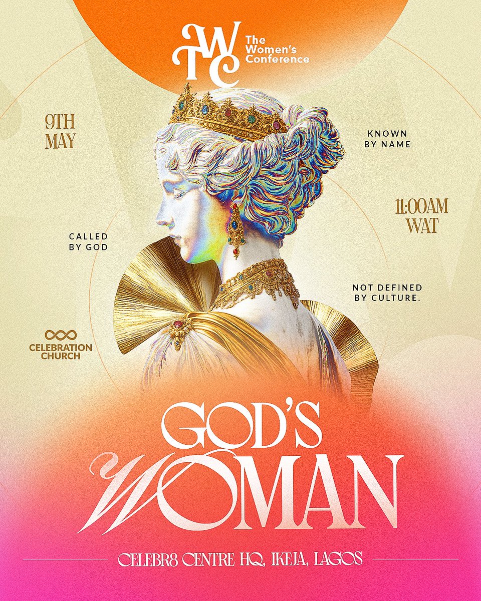 Before the world knew her, God called her, ordained and set apart.

The titles the world gives her don’t define her because she’s God’s original. 

She’s chosen, God’s masterpiece, divinely crafted with purpose. She’s God’s Woman!

Join us on 9th of May at Celebr8 Centre Vori