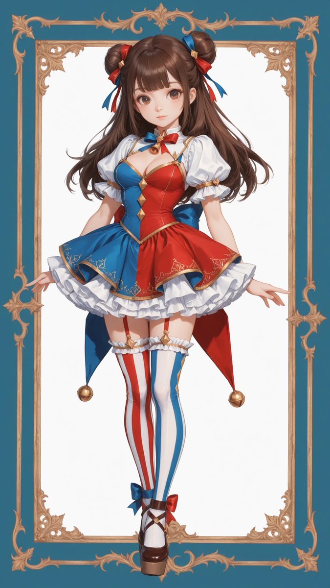 AliceLavli's tweet image. ピエロな衣装プロンプトをどうぞ✨
two piece jester inspired sweet lolita outfit, cream base color with muted red, warm brown and soft beige accents, short puffed dress with very voluminous balloon skirt silhouette, bodice fitted with decorative round buttons in vertical alignment,