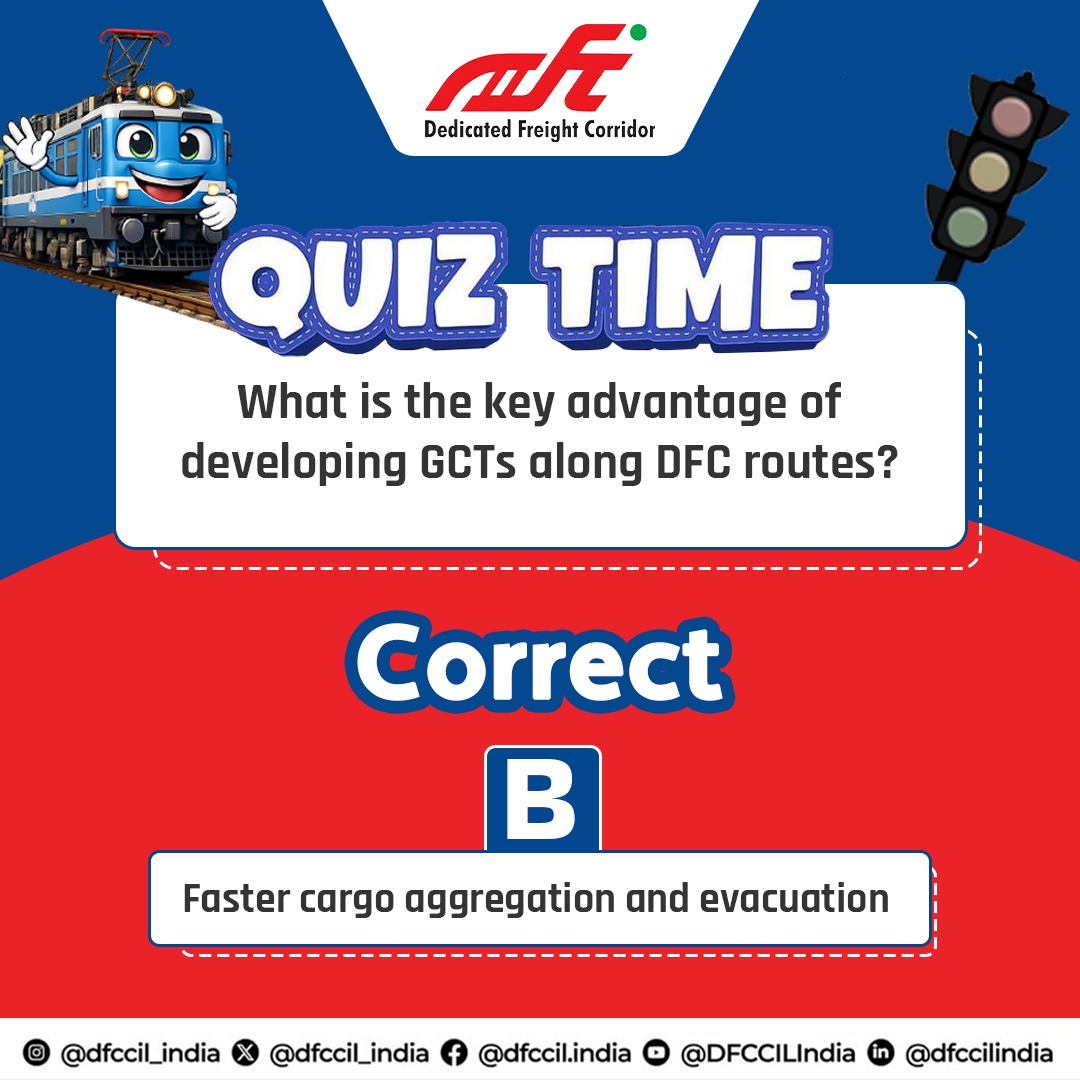 dfccil_india's tweet photo. Thanks for participating in #DFCQuiz!
The correct answer is: B — Faster cargo aggregation and evacuation 🚆
Stay tuned for more quizzes and insights from the #DedicatedFreightCorridor.
Follow us and keep learning!
#DFCCIL #AnswerReveal #FreightTrivia https://t.co/sH5rKKgQE9