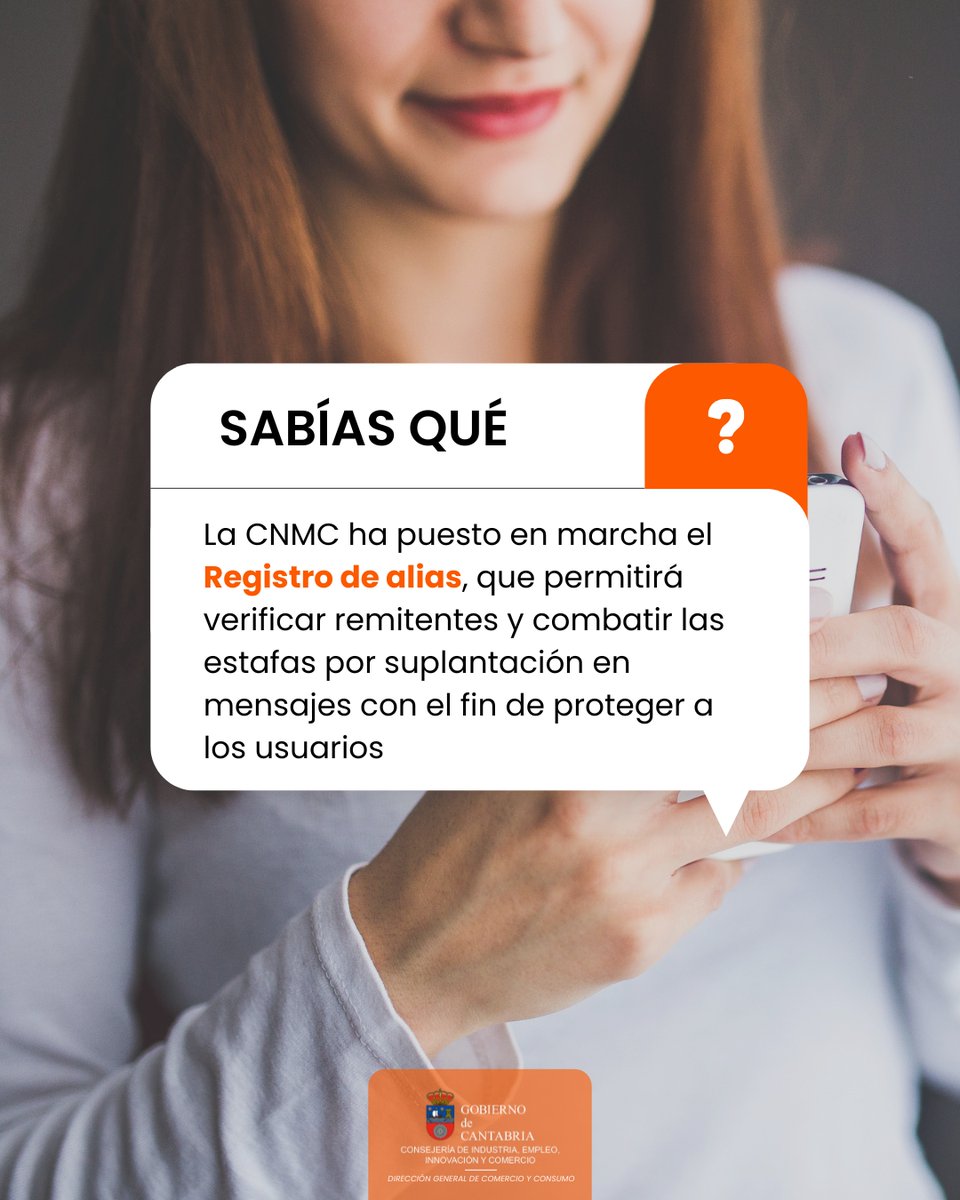 📢 Para evitar fraudes por suplantación, la CNMC ha creado el Registro de alias, que permitirá verificar quién puede usar esos nombres en mensajes enviados a números españoles.

🔗 Toda la información en nuestra web: goo.su/lByC