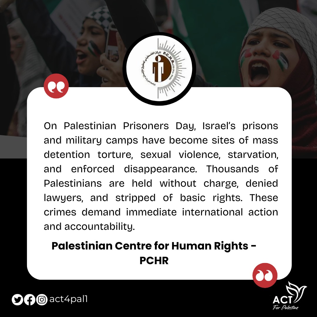 Act4Pal2's tweet image. "On Palestinian Prisoners Day, Israel’s prisons and military camps have become sites of mass detention torture, #sexual violence, starvation, and enforced disappearance..."

@pchrgaza
#GazaGenocide #FreeThemAll #FreePalHostages