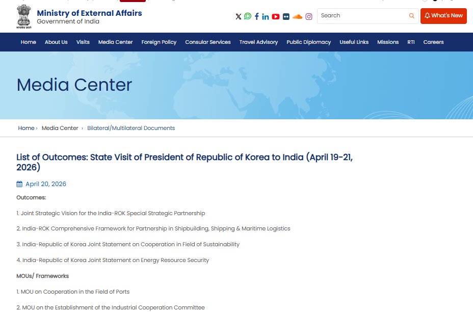 uniindianews's tweet image. Here is the list of outcomes from the official state visit of President of the Republic of Korea to India, released by MEA: 

@PMOIndia | @narendramodi | @MEAIndia | @IndiainROK | @mofa_koreaz | @IndianDiplomacy | #LeeJaeMyung | #SouthKorea | #IndiaVisit | #IndiaSouthKorea | #MEA