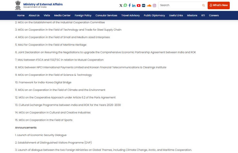 uniindianews's tweet image. Here is the list of outcomes from the official state visit of President of the Republic of Korea to India, released by MEA: 

@PMOIndia | @narendramodi | @MEAIndia | @IndiainROK | @mofa_koreaz | @IndianDiplomacy | #LeeJaeMyung | #SouthKorea | #IndiaVisit | #IndiaSouthKorea | #MEA