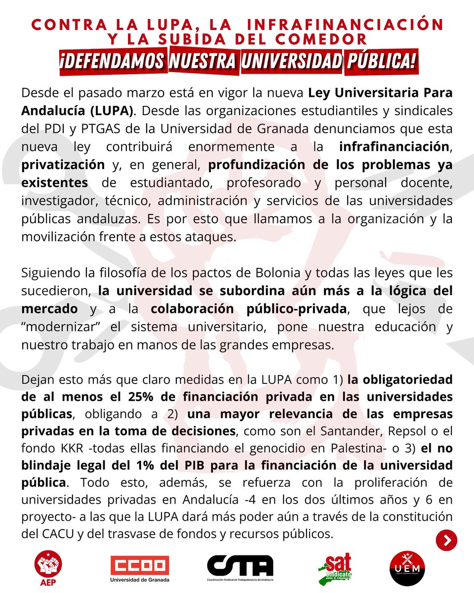 AEPgranada's tweet photo. ✏️✊ COMUNICADO CONCENTRACIÓN 29/04 19H Delegación Educación, Granada: CONTRA LA LUPA, LA INFRAFINANCIACIÓN Y LA SUBIDA DEL COMEDOR

-Convocantes: Asamblea de Estudiantes Permanente (AEP), @CCOOdelaUGR, @CSTA_sindicato, @SAT__Granada y Unión de Estudiantes Migrantes (UEM). https://t.co/Aop7d32ROw