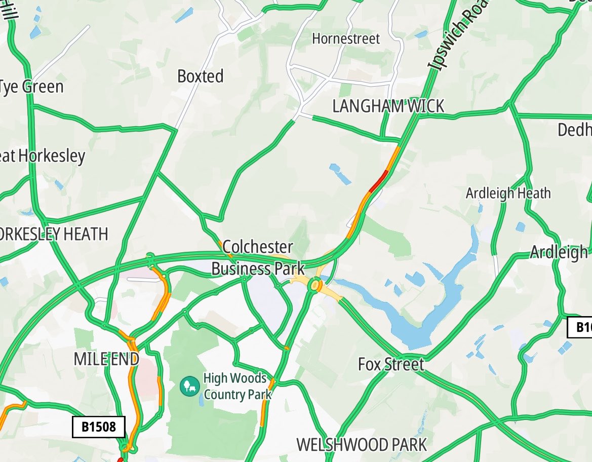 TRAFFICINFO123's tweet image. #A12 northbound - slow traffic for 1 mile between J29 Crown Interchange/A120 and Langham Shell Services