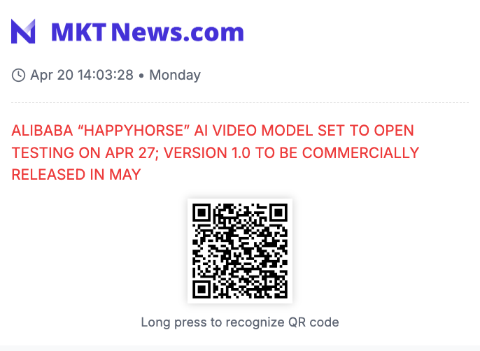 Sino_Market's tweet image. ALIBABA “HAPPYHORSE” AI VIDEO MODEL SET TO OPEN TESTING ON APR 27; VERSION 1.0 TO BE COMMERCIALLY RELEASED IN MAY 
#ALIBABA $BABA #AI #TECH 
(mktnews.com/flashDetail.ht…)