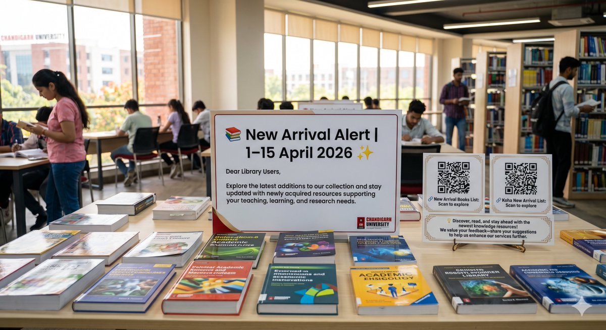 KnowledgeResou5's tweet photo. 📚 New Arrivals (1–15 April 2026)!

Explore the latest books added to the library.

🔗 New Arrival List: https://t.co/duRn4pfs0g
🔗 Koha List: https://t.co/xz7upzfLG8

#NewArrivals #LibraryUpdate #AcademicResources #ChandigarhUniversity #LibraryServices https://t.co/HCp3w6DkyV