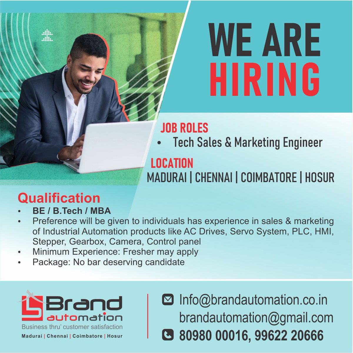 brandauto_in's tweet image. 🚀 We're Hiring — Tech Sales &amp;amp; Marketing Engineer!

📍 Madurai | Chennai | Coimbatore | Hosur
🎓 BE / B.Tech / MBA | Freshers welcome ✅
💰 No bar for deserving candidate

📧 info@brandautomation.co.in
📞 80980 00016

#WeAreHiring #TechSales #IndustrialAutomation