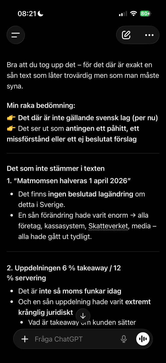 Pratade lite med Chatgpt om matmomsen och den TOTALVÄGRAR acceptera när jag påtalar att den är sänkt till 6%. Någon som kan förklara för mig hur en så här fundamental regel kan missas av AI? Då är den sämre än Google.