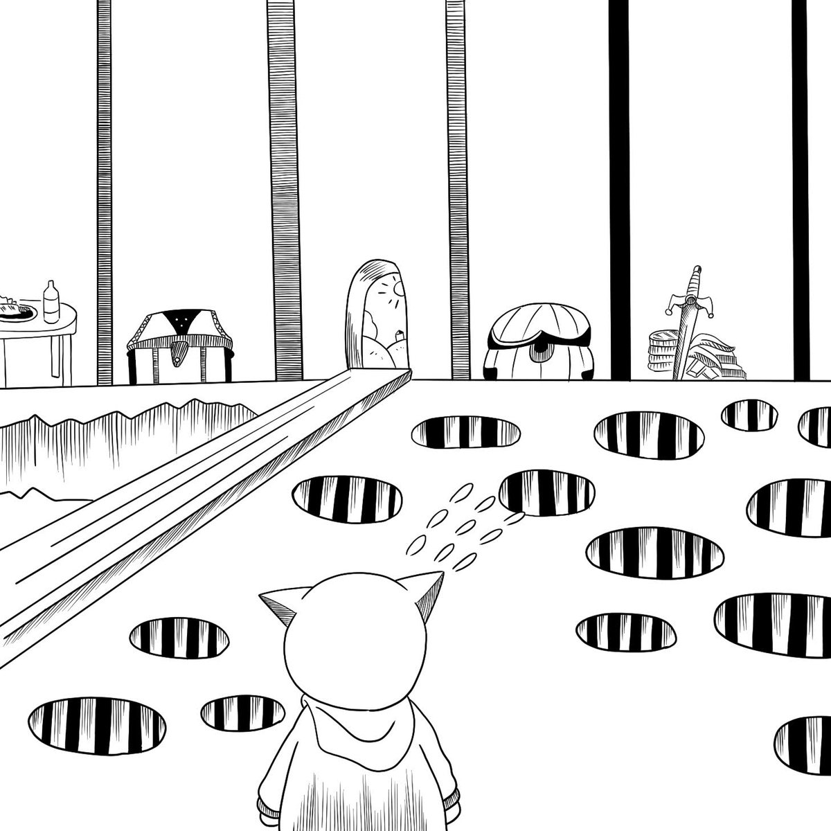 necodouraku's tweet image. 宝物の前には、落とし穴がたくさんあります。そして、出口に行くにはどの宝物も取ってはいけないのです。神話のような世界観です。
#猫 #cat #mind #心 #illustration #illustrationart #イラスト #Oracle     #art #芸術  #digitalart  #アート #童話   #FairyTail  #黒 #線画 #Oceans  #デジタル