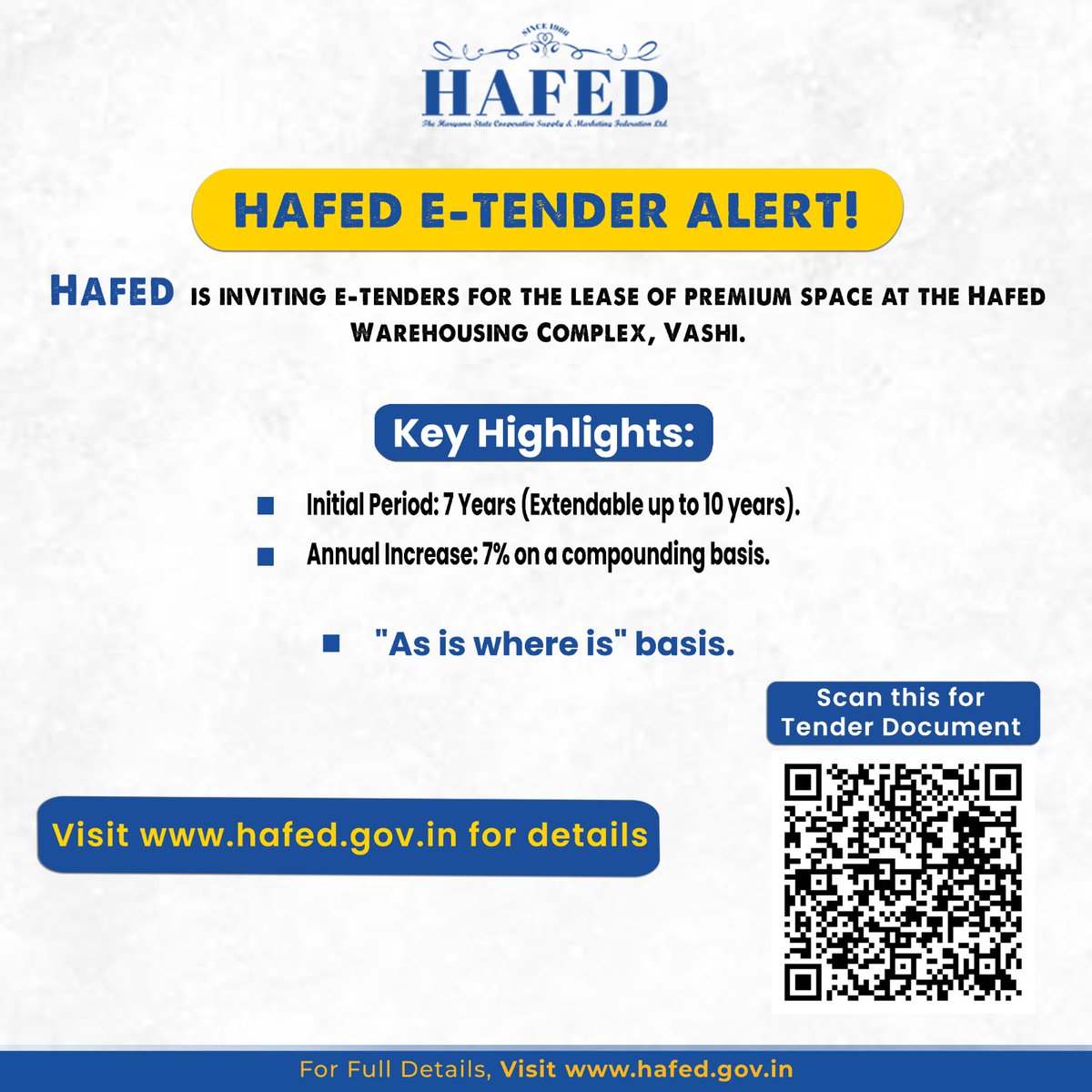 hafedharyana's tweet image. The Haryana State Cooperative Supply and Marketing Federation Limited (HAFED) is inviting e-tenders for the lease of premium space at the Hafed Warehousing Complex, Vashi.
#HAFED #Warehousing #NaviMumbai #Vashi #RealEstateLease