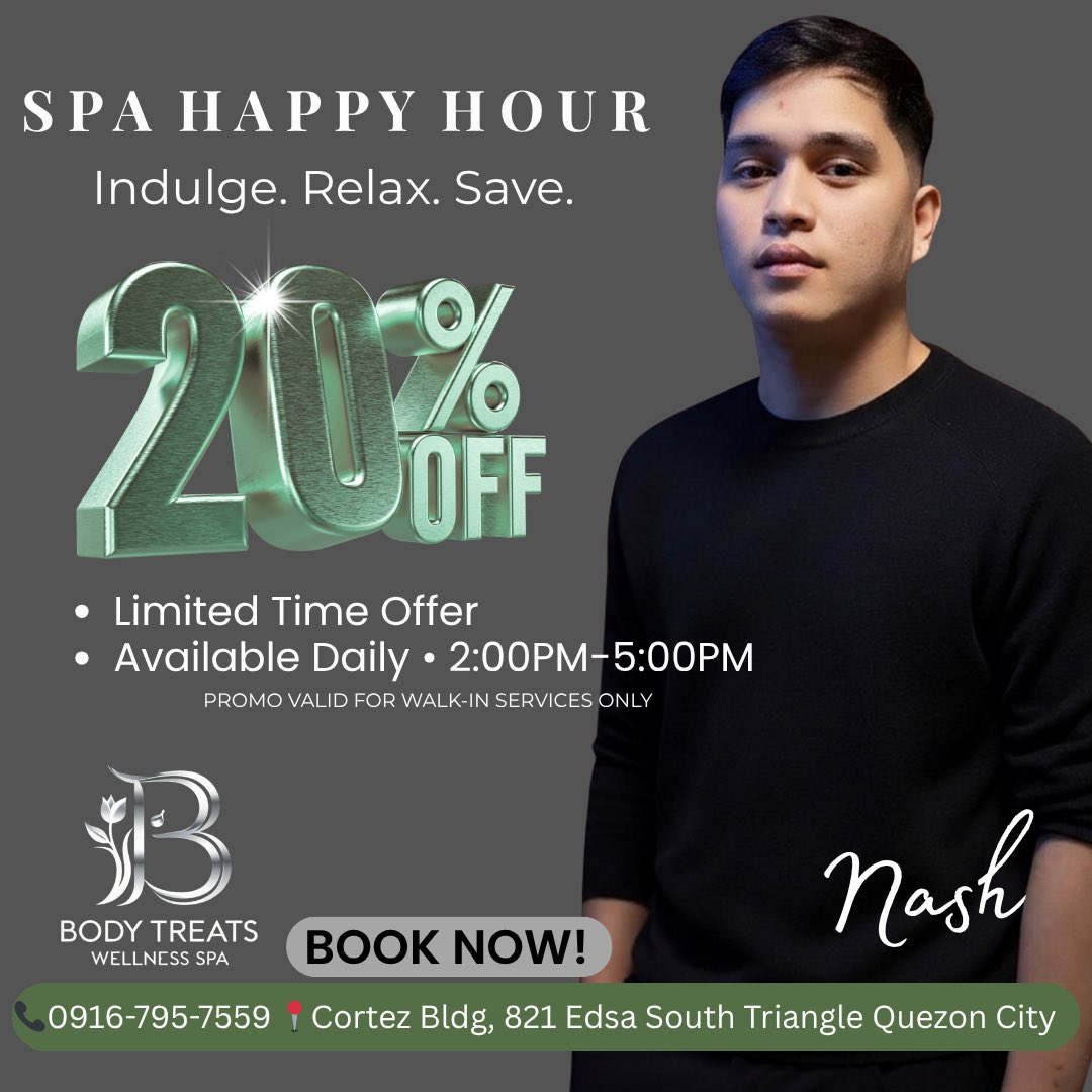 bodytreatsQC's tweet photo. Start your week right with our Spa Happy Hour and enjoy 20% OFF from 2PM to 5PM, available for walk-in guests only—a perfect way to relax and recharge.
#SpaDeals #MondayVibes #SelfCare https://t.co/MD1GlF1897