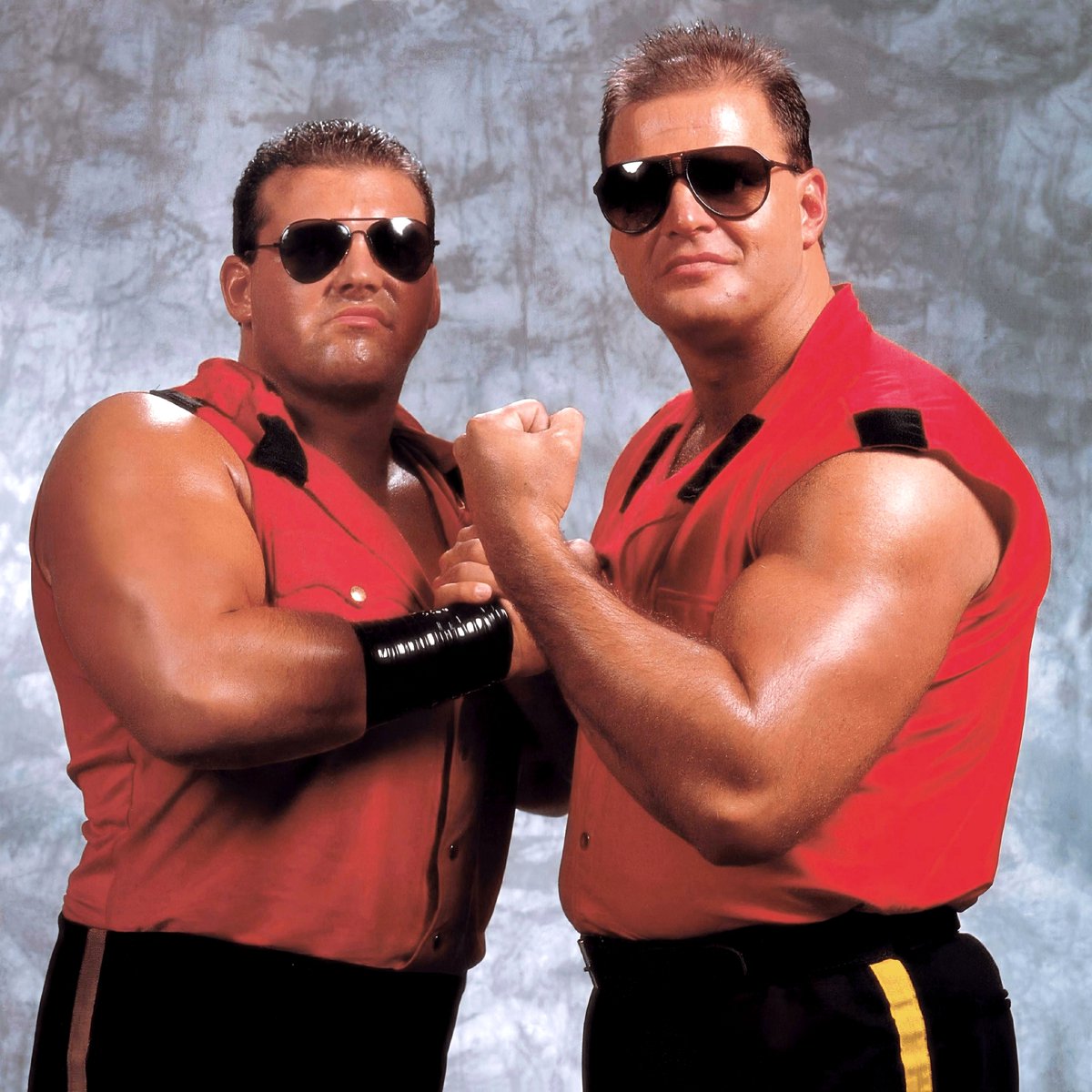 WWFWrestling1's tweet image. 📷 WWF studio shot - The Quebecers! 📸 Photo from 1994. #WWF #WWE #PierreOuellet #JacquesRougeau
