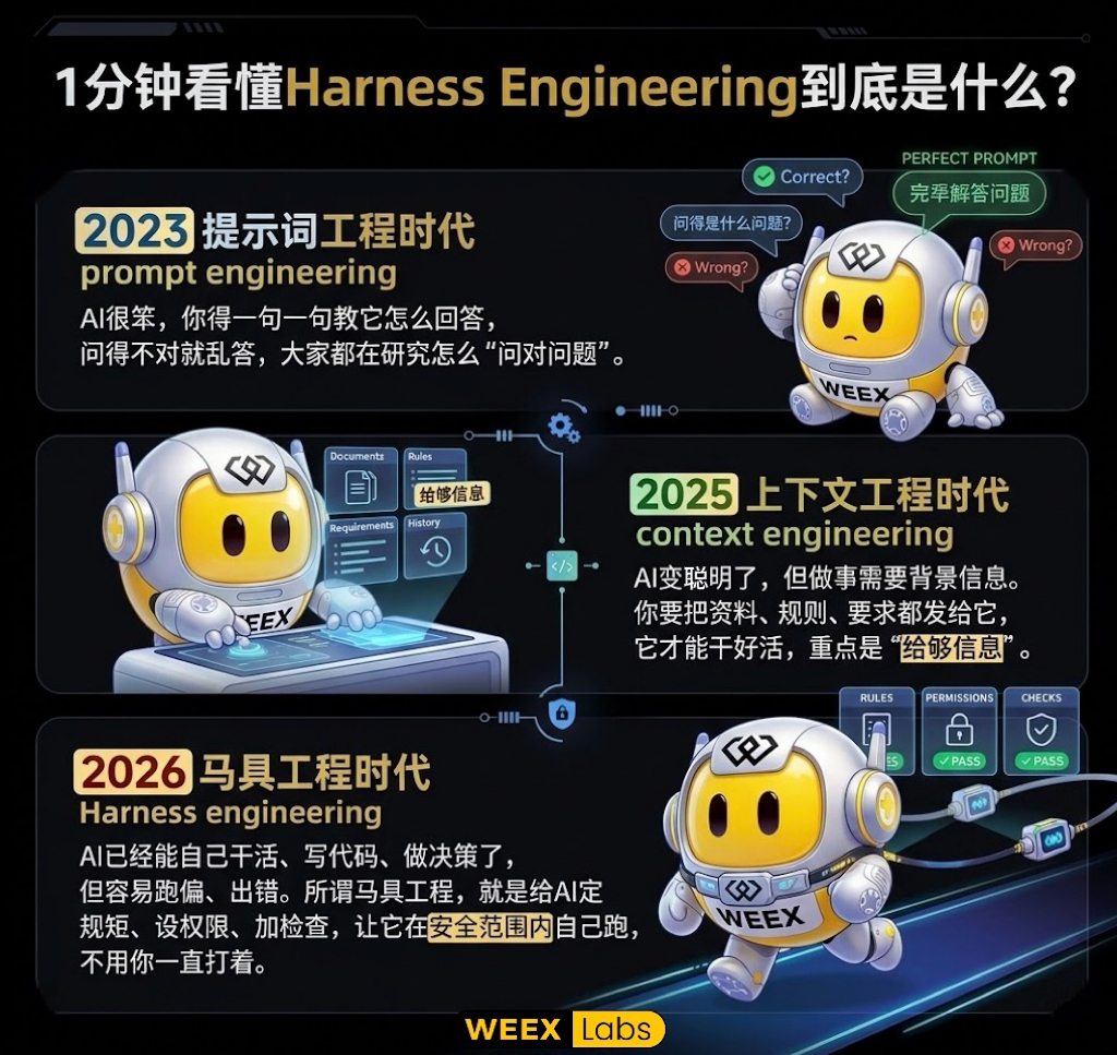 WEEXAILabs's tweet image. AI进化史：从“人工智障”到“野生千里马” 🐎

以前：求求你听懂我说话吧（Prompting） 

现在：资料都塞你嘴里了，按这个写（Contextualizing） 

未来：你自己跑吧，别犯法就行，我给你焊死护栏（Harnessing） 

这就是马具工程！以后我们的工作不是搬砖，而是当AI的“驯马师”

#AI #LLM #Harness