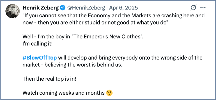 HenrikZeberg's tweet photo. This is what "The Zeberg Macro Navigation Framework(TM)" can do for you.

The current extreme Rally was 100% expected. The Top calls were dismissed. Like in 2022, 2023, 2025. 

Now - what we are closing in on is going to be quite different. It will be a massive top. And Recession is coming.

But first a parabolic move higher!

Now - watch it develop.

Sign up for "The Zeberg Letter" here: https://t.co/2L3YlcS8Km
