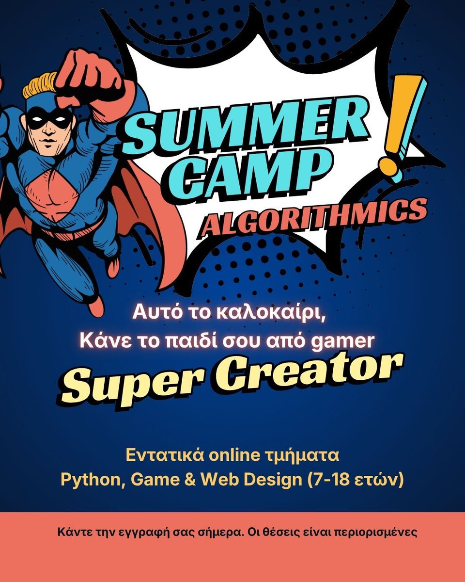 AlgorithmicsGR's tweet image. Από Gamer ➡️ Super Creator! 🦸‍♂️💻
Φέτος το καλοκαίρι, το παιδί σου δεν παίζει απλώς games, μαθαίνει να τα φτιάχνει! Online τμήματα Python, Game &amp;amp; Web Design (7-18 ετών) στο Summer Camp της Algorithmics. 🚀

👉 Εγγραφές (περιορισμένες θέσεις): buff.ly/GQ5r9JL 

#SummerCamp