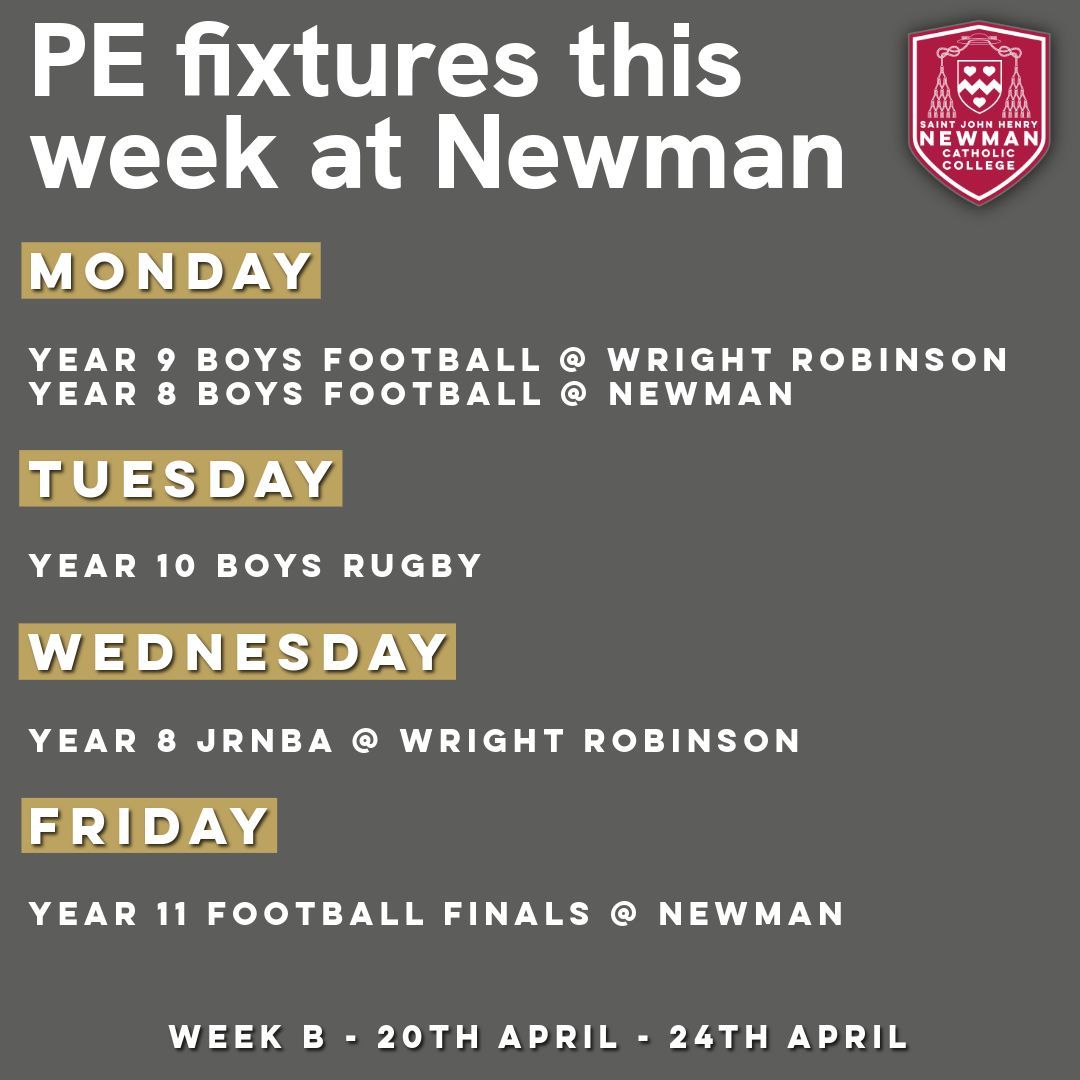NewmanRCCollege's tweet image. Check out this week's PE fixtures!

Go #TeamNewman