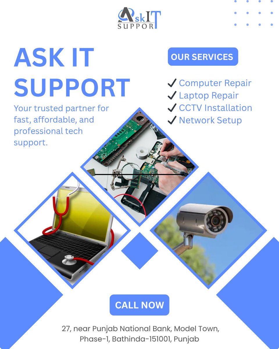 AskitSupportBTI's tweet image. Computer repair | Laptop repair | CCTV installation | Network setup — fast, affordable &amp;amp; professional.

📍 Model Town, Phase-1, Bathinda
📞 Call now &amp;amp; get your tech fixed today!

#AskITSupport #Bathinda #ComputerRepair #LaptopRepair #CCTVInstallation #TechSupport