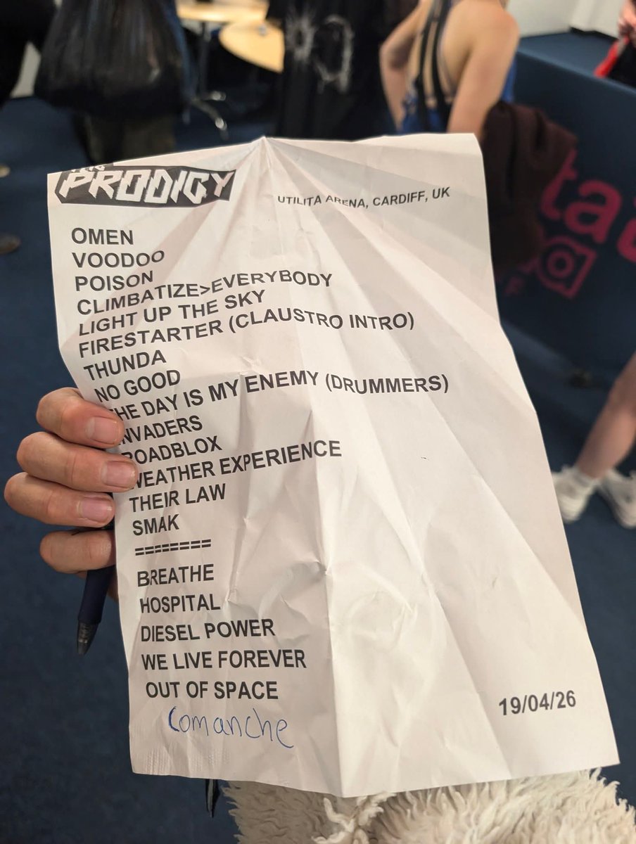 TheProdigyDaily's tweet image. 2026.04.19 – Utilita Arena, Cardiff, Wales

📅 Date: 19th April 2026
🔊 Event: @the_prodigy Concert
🏟️ Venue: @UtilitaArenaCDF
🏠 City: Cardiff
🌐 Country: Wales 🏴󠁧󠁢󠁷󠁬󠁳󠁿
🎧 Support: @Carl_Cox 

📸 Jon Alder
📸 Jason McNeill 

+ Comanche (end) 

#theprodigy #setlist #cardiff #wales
