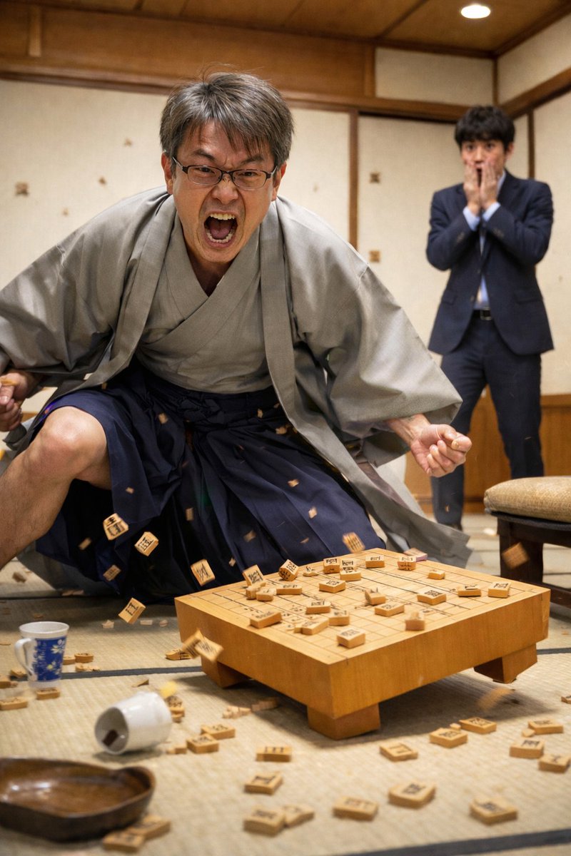 信じられへんくらい怒ってる羽生善治さんでエーアイに画像制作を依頼してみた。後ろの藤井聡太さんがあんまり似てない。袴から脚がちょっと出てるんはこだわった