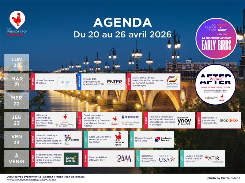 FrenchTechBdx's tweet image. 📆 Vos événements #FrenchTech #Bordeaux de la semaine avec Squair, Enter, CAFA BNA, Café Investisseurs La Direction, @BMstartupwin, @campus_ynov, @Placeco_Media, @LaFrenchTech, @businessfrance... 🚀

L'agenda 👉 frenchtechbordeaux.com/nos-evenements
