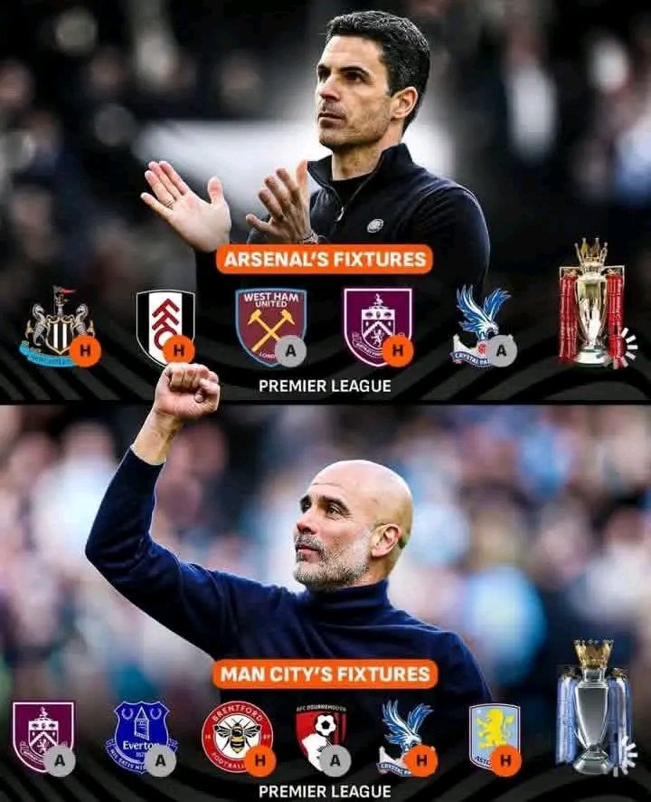 AgbaosiSal50457's tweet image. 🚨This is the remaining fixtures of Arsenal and Mancity...who is winning the league? #FWF 🤔