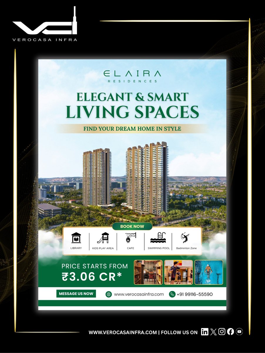 VeroCasa_Infra's tweet image. Elegant &amp;amp; Smart Living Awaits
Find your dream home at Elaira Residences
🏡 Premium amenities &amp;amp; modern lifestyle
💰 Starting from ₹3.06 Cr*

📩 Book now &amp;amp; upgrade your living today
#LuxuryLiving #DreamHome #RealEstateIndia #SmartLiving #PremiumHomes #PropertyInvestment