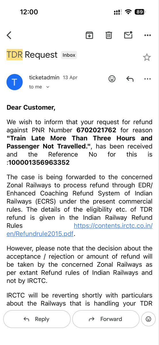 yurssree's tweet photo. Hi, @IRCTCofficial I filed a TDR request on 13.APRIL.2026. That my train 07222 was late more than 8hrs and I am not boarded. Till now I didn’t get my refund. When can I get my money back? https://t.co/R7eadZ8lxZ