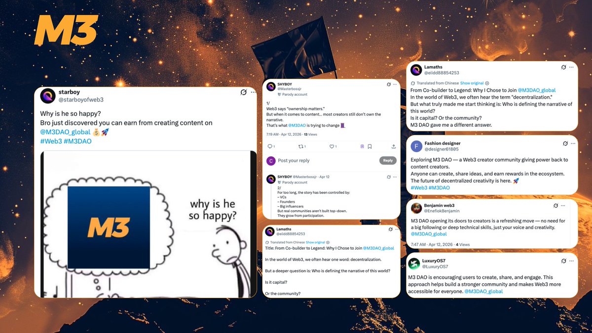 M3DAO_global's tweet photo. ❤️‍🔥 From Twitter to TikTok, creators around the world are rallying behind M3 DAO.

Some write long posts sharing their journey. Some make memes to express the vibe. And some simply leave a line: "I believe in M3."

Every day, countless pieces of content about M3 are being shared—not out of passive holding, but active spreading. This is the power of community.

💪 Keep posting. Keep writing. Keep supporting.
Every share you make expands M3's reach.

M3 sincerely thanks every one of you. ⬇️
https://t.co/iEYUFrTbKT
