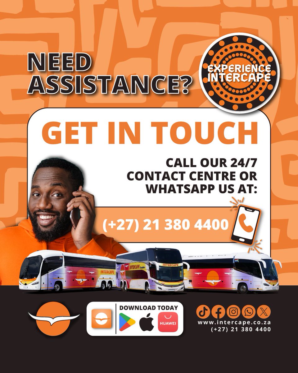 IntercapeBus's tweet image. Need Assistance? Get In Touch!

Contact our 24-Hour Contact Centre or WhatsApp line at (+27) 21 380 4400.

Download the Intercape App TODAY at intercape.co.za/intercape-app/

#Intercape #BookNow #ContactCentre #WhatsappIntercape