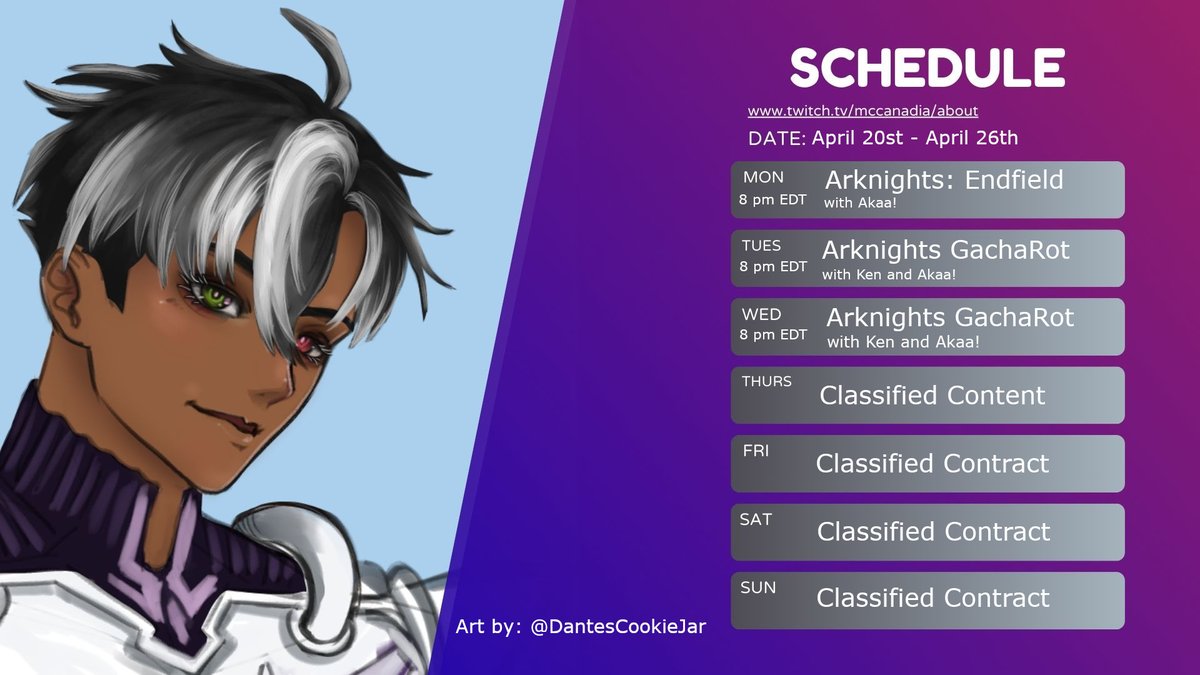 McCanadiaCh's tweet photo. << Attention Squadren! >>

<< This is your briefing >>

Stream Schedule for the week of April 20th - 26th!

We're back baby! It's been quite a while but it's time to get back on the horse with Arknights week! (And hopefully not fall off it again) https://t.co/i23EsGJE74