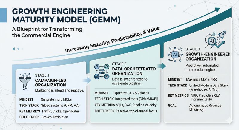 claudiomkd's tweet image. The Growth Engineering Maturity Framework (GEMM) framework helps you diagnose where your revenue engine is today

📊 STAGE 1: focus on volume (MQLs)
⚙️ STAGE 2: align on pipeline velocity and CAC
🚀 STAGE 3: data and predictive AI to drive NRR

Link in comments 👇

#CMO #Growth