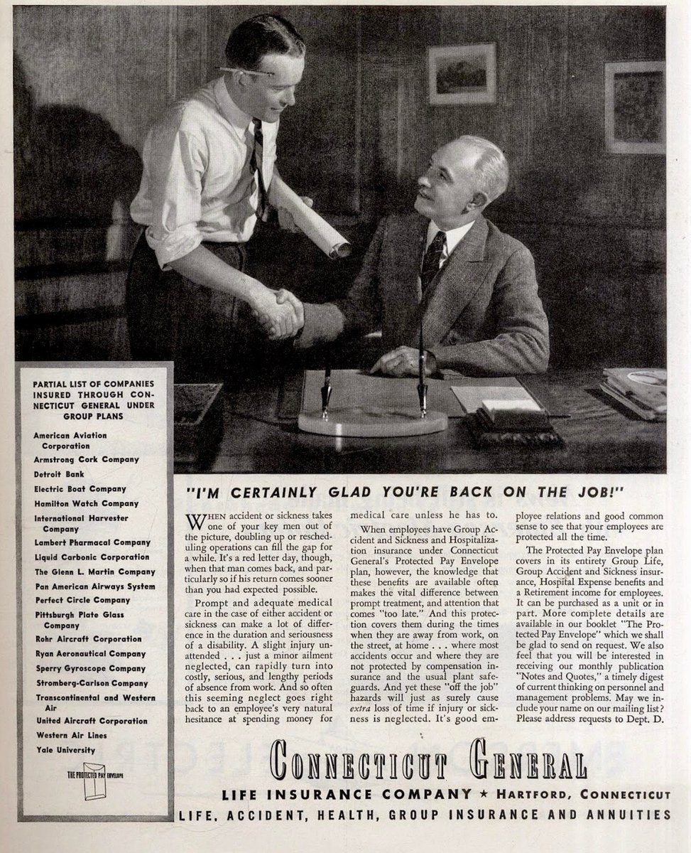 LRonLacy's tweet image. In #APRIL 1944
“I'm certainly glad you're back on the job!”
‘Partial List of Companies Insured through Connecticut General Under Group Plans ...’
Connecticut General Life Insurance Company. April 1944.
#insurance #ConnecticutGeneral #graphicdesign #blackandwhitephotography
