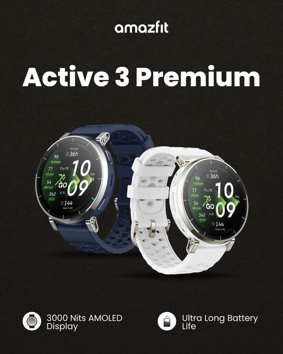 AmazfitIN's tweet image. Performance starts with what you can see and how long you can go.
3000 nits AMOLED clarity. Ultra long battery life. Active 3 Premium delivers both.

Which feature makes the bigger difference to your routine?

Shop now: amzn.in/d/09c6KPoT
#Amazfit #Active3Premium #SmartWatch
