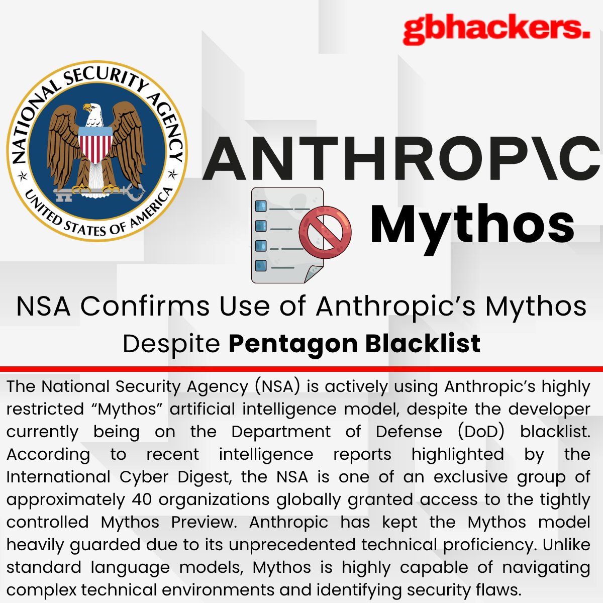 gbhackers_news's tweet image. 🕵‍♀️ NSA Confirms Use of Anthropic’s Mythos Despite Pentagon Blacklist | Source: gbhackers.com/nsa-confirms-u… #cybersecuritynews