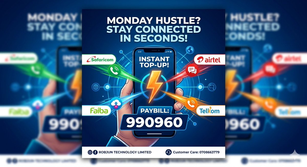 RobjunLimited's tweet image. Running low on airtime during your busy Monday? Topping up has never been easier! Keep the conversation going on Safaricom, Airtel, Telkom, and Faiba in just a few taps. Use Robjun Technology Limited Paybill 990960 to recharge instantly. 📱✨ #Airtime #RobjunTech #Nairobi