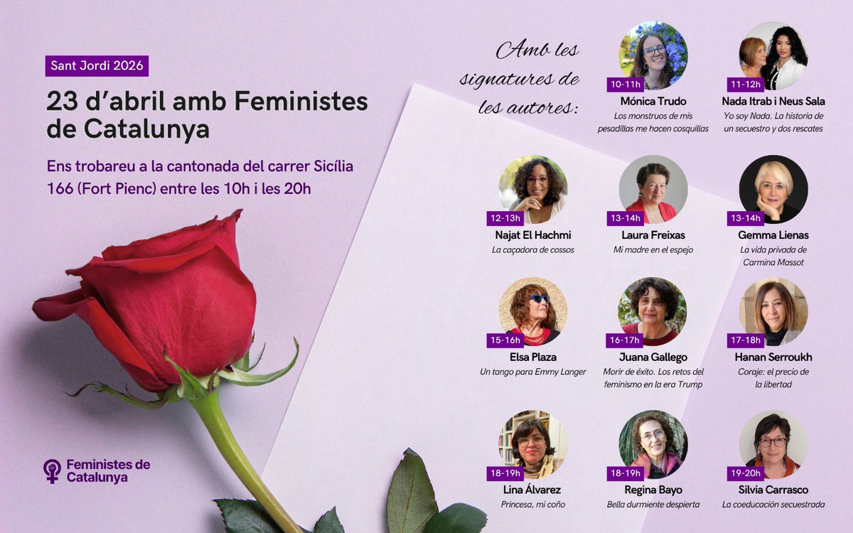 Aquest dijous 23, Diada de #SantJordi,  tornem a ser-hi🌹

I  ens acompanyaran, com sempre, AUTORES REFERENTS que signaran les seves obres: Najat El Hachmi, Gemma Lienas, Juana Gallego <a href="/juana_gallego/">Juana Gallego</a>, Hanan Serrouk <a href="/Hanan71443742/">Hanan serroukh</a> ,  Laura Freixas <a href="/LauraFreixas/">LauraFreixas</a> , Nada Itrab, Neus