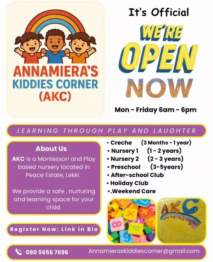 🍷OFFICIALLY OPEN!!!!! 

@annamieraskiddiescorner is now ready to take in your kids for;

CRECHE
NURSERY
PRE-SCHOOL 
AFTER SCHOOL CLUB
HOLIDAY CLUB
WEEKEND CARE

Send a mail to annamieraskiddiescorner@gmail.com now for more information 

#derivingjoydigital
