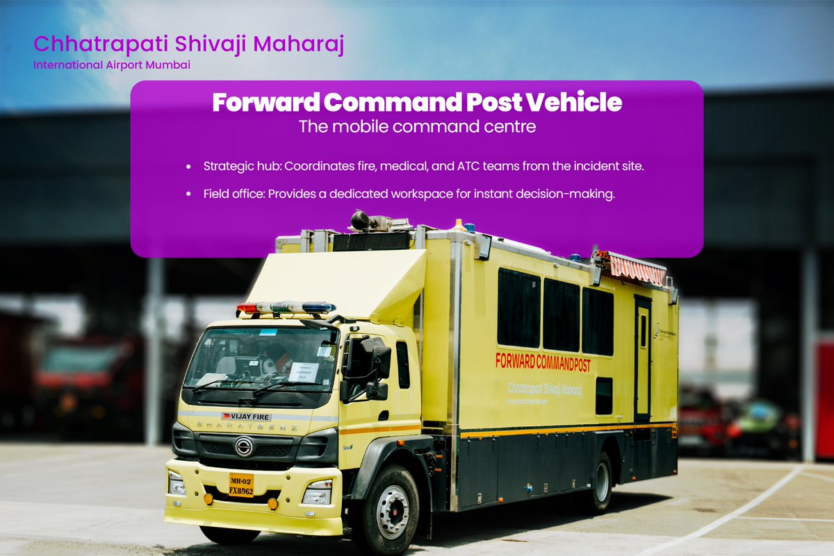 CSMIA_Official's tweet photo. At #MumbaiAirport, the safety of every passenger is our foundational priority.
To mark #NationalFireServiceWeek, we are giving you a closer look at the advanced machinery and the dedicated ARFF team that stands guard over your journey.
Swipe through to meet the specialised fleet, from the high-speed Crash Fire Tenders to the strategic Forward Command Post, all designed to ensure a secure environment every time you visit #CSMIA.
#AirportSafety