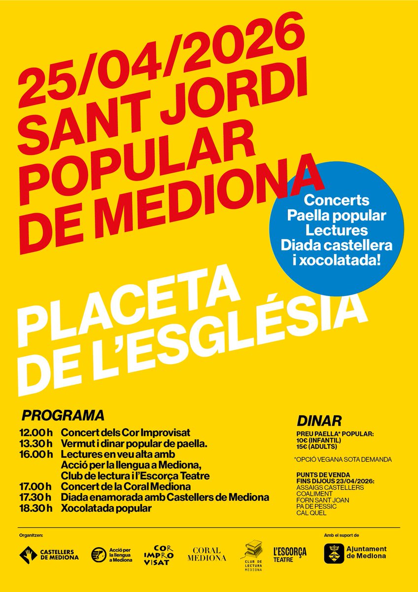 ajmediona's tweet image. SANT JORDI POPULAR!🌹
25/04/2026
Concerts, paella popular, lectures, diada castellera i xocolatada!
#diada #popular #santjordi #mediona