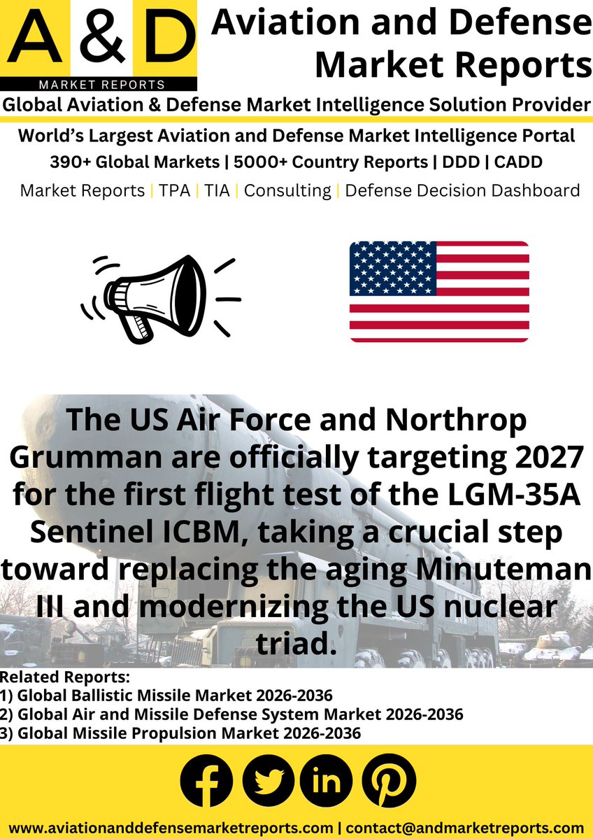 AviationDefens's tweet image. Targeting 2027! 🇺🇸🚀 The US Air Force and Northrop Grumman are gearing up for the maiden flight of the new Sentinel ICBM. It will replace the legacy Minuteman III and secure US strategic deterrence through 2075.

Details here: aviationanddefensemarketreports.com/product/global… #Aerospace #DefenseIndustry