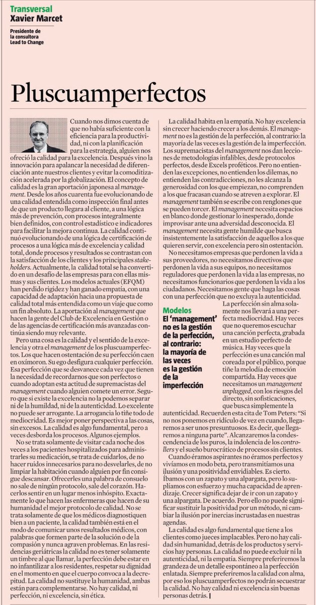 lcm69e's tweet image. Pluscuamperfectos
@XavierMarcet

El "management" no es la gestión de la perfección, sino la gestión de la imperfección.
La verdadera excelencia no es arrogante: requiere empatía, autenticidad y, sobre todo, buenas personas detrás.
#Management #Liderazgo