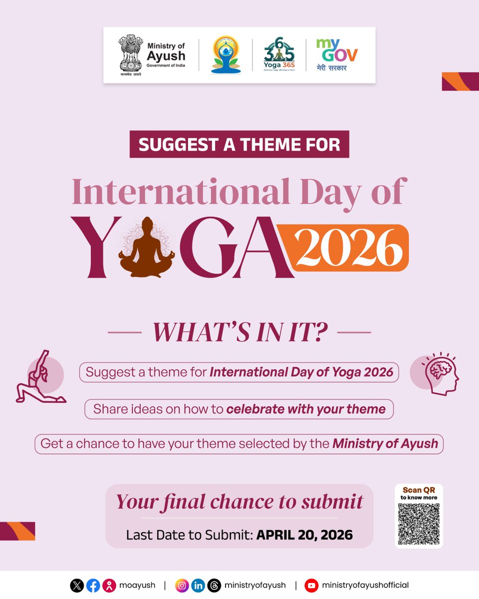 moayush's tweet image. Hurry and be a part of International Day of Yoga 2026 by suggesting a meaningful theme that inspires global wellness.

Share your creative vision and get a chance to have your theme selected.

#YogaLife #IDY2026 #PublicHealth #SuggestATheme #TraditionalMedicine #HealthForAll