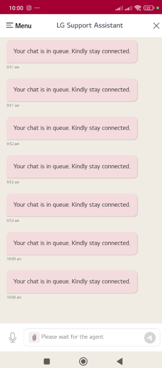 sumantrajoshi's tweet photo. @LGIndia I tried reaching out via the LG Support Assistant chat — waited in queue from 9:51 AM to 10:00 AM. 7 "Your chat is in queue" messages. Not a single agent responded.

Customer care lines? Not picking up either.

This is a service contract. @LGIndia https://t.co/d0KekmhzAv