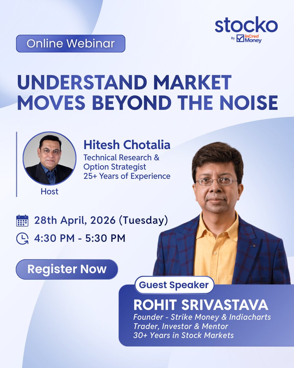 ICMBroking's tweet photo. 🔴 LIVE Webinar | Understand Market Moves Beyond the Noise

Markets move fast. Opinions move faster. But what actually matters often gets lost.

Join Rohit Srivastava in conversation with Hitesh Chotalia as they break down how experienced traders read markets, spot real signals, and stay disciplined in volatile times.

What you’ll learn:

👉 How to understand real market direction

👉Align trades with momentum

👉 Manage risk better

👉 Build consistency & discipline

Register Now 👇
https://t.co/UwxMMywVNa

#ByTradersForTraders

👉 Start trading smarter today!
🔗 https://t.co/70lMLQV5CD

Stocko by InCred Money
Trade. With Confidence.

#InCredStocko #InCredMoney #TradeWithConfidence #TraderMindset

Disclaimer: Investment in securities market are subject to market risks, read all the related documents carefully before investing. Brokerage will not exceed the SEBI prescribed limit.