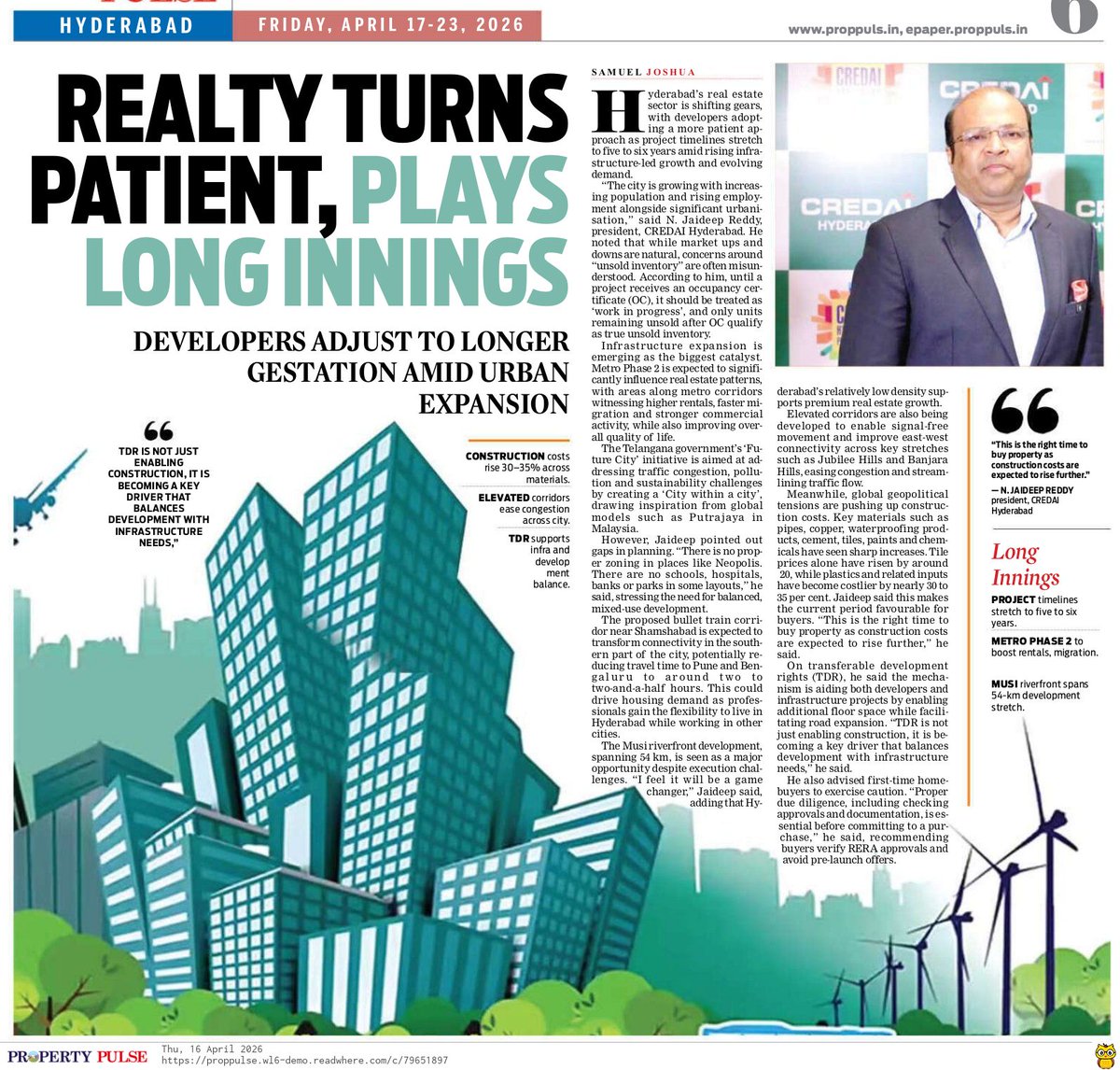 Proppulse26's tweet image. REALTY TURNS PATIENT, PLAYS LONG INNINGS

DEVELOPERS ADJUST TO LONGER
GESTATION AMID URBAN
EXPANSION
epaper.proppuls.in
proppuls.in
..
#HyderabadRealEstate #CREDAI #RealEstateTrends #UrbanDevelopment #InfrastructureGrowth #PropertyInvestment #MetroExpansion