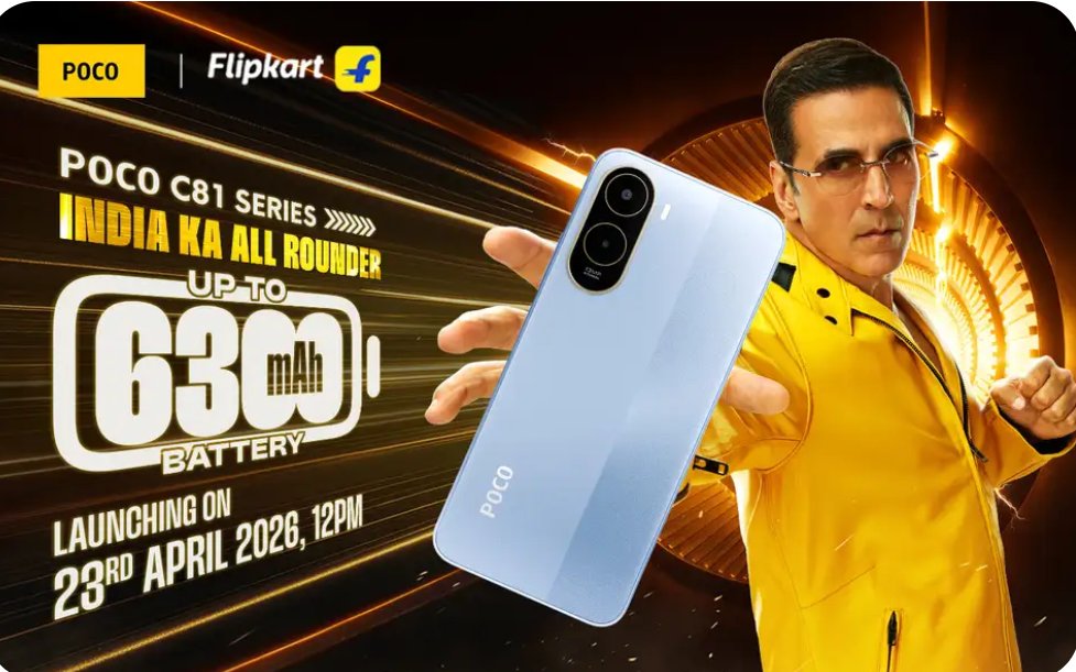 TusharG98540565's tweet photo. POCO C81 & C81x is launching in India on 23rd April, 2026.
⭕ 6300mAh🔋 (Poco C81)
⭕ 5200mAh🔋 (Poco C81x)
⭕ 15W Wired Charging
⭕ 7.5W Reverse Wired Charging
#POCO #POCOC81 #POCOC81x #POCOC81Series https://t.co/FPATbNrUPY